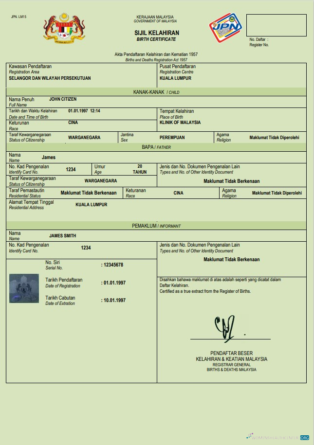 Download Malaysia birth certificate Word and PDF template Photoshop template